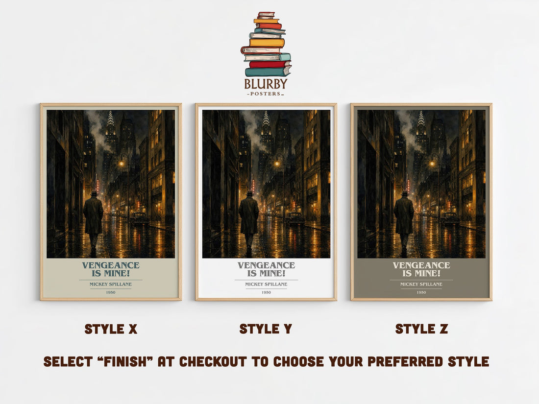 Vengeance Is Mine! book cover print in frame leaning in hallway – crime wall art (mockup)
