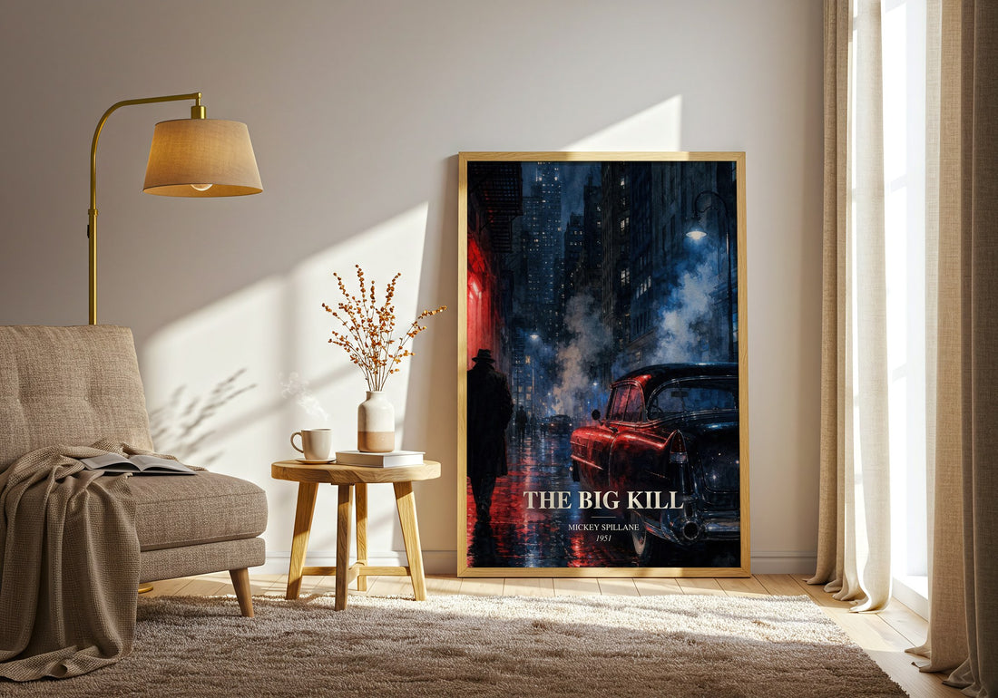 The Big Kill watercolour print in frame leaning in hallway – crime wall art (mockup)