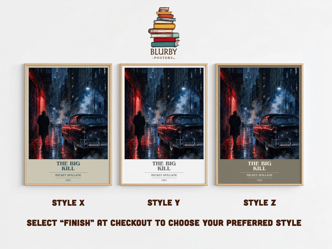 The Big Kill book cover print in frame leaning in hallway – crime wall art (mockup)