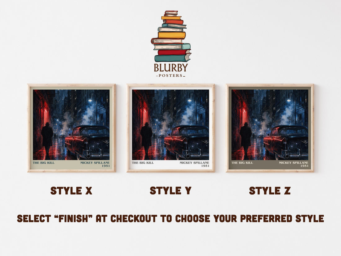 The Big Kill literary print in frame leaning in hallway – crime wall art (mockup)
