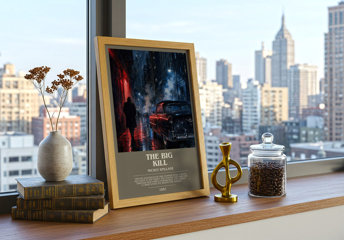 The Big Kill bookish print framed by window – literary home decor