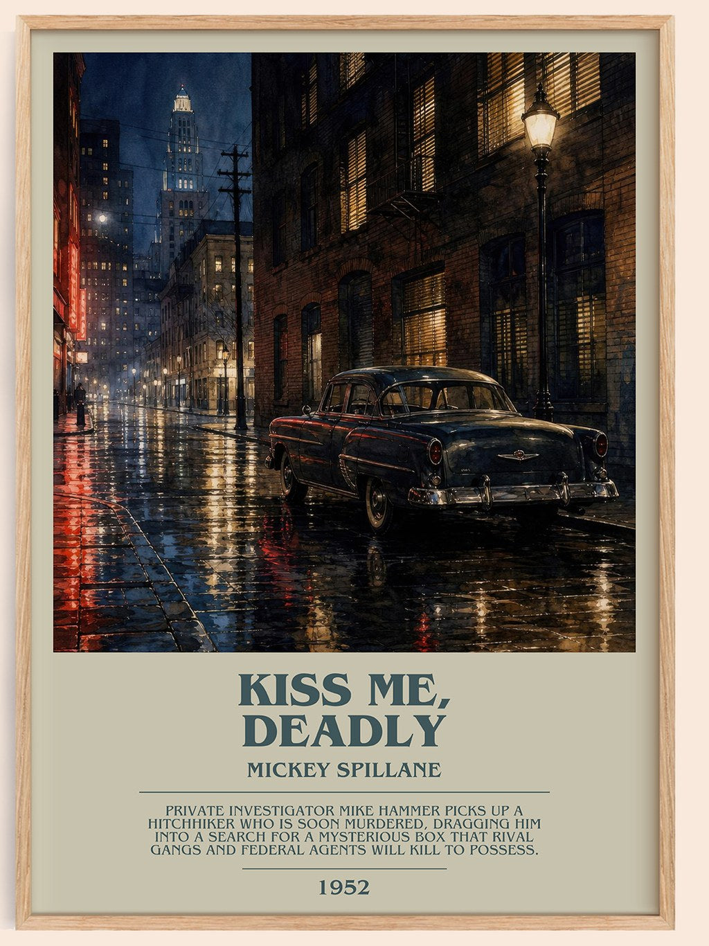 Kiss Me, Deadly bookish book poster by Mickey Spillane – framed literary art print