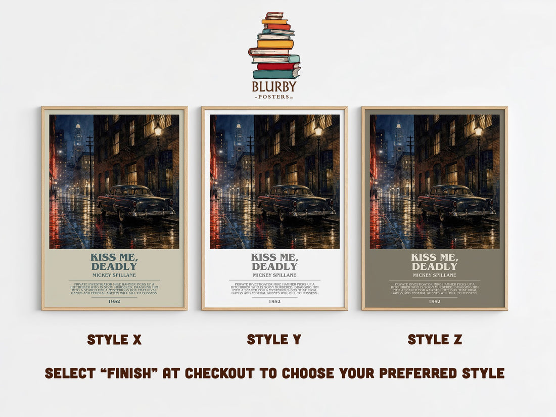 Kiss Me, Deadly bookish print in frame leaning in hallway – crime wall art (mockup)