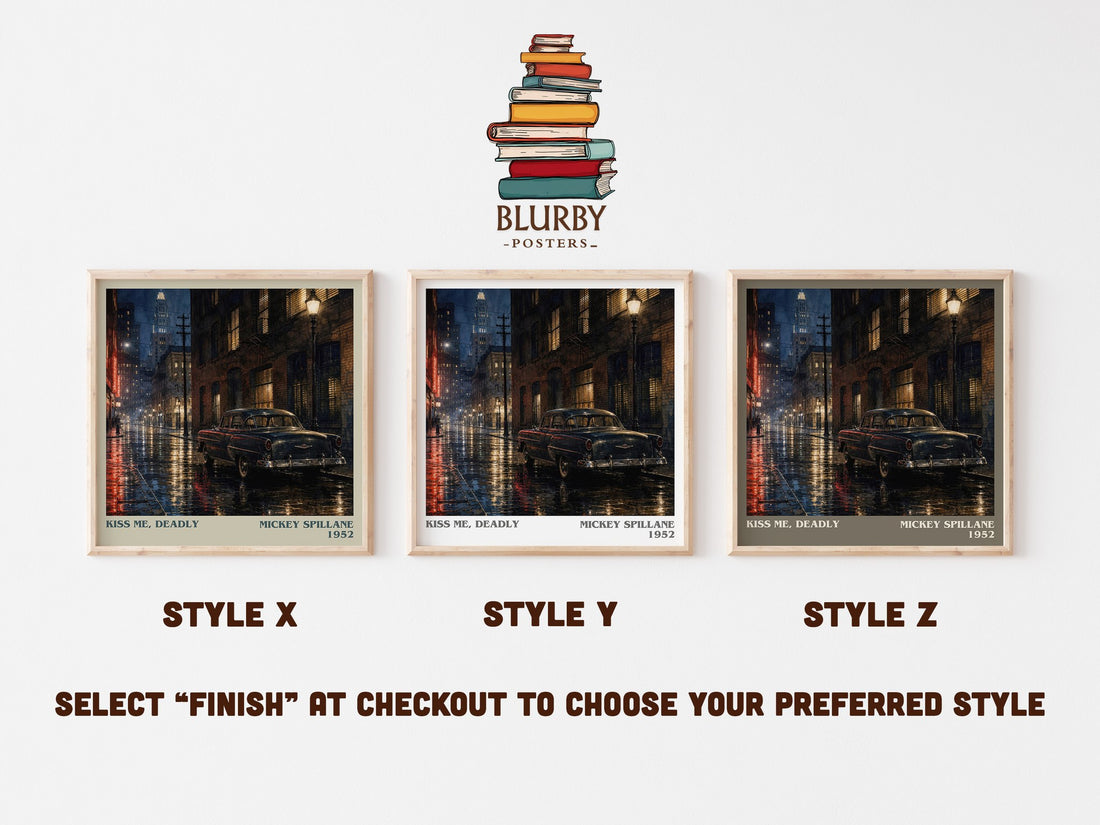 Kiss Me, Deadly literary print in frame leaning in hallway – crime wall art (mockup)