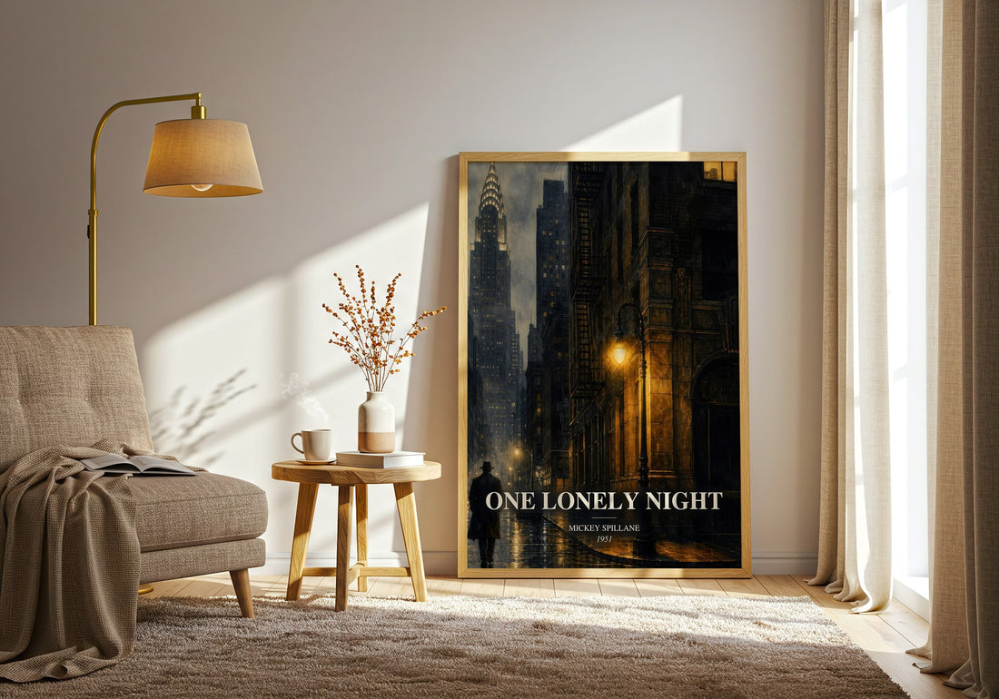 One Lonely Night watercolour print in frame leaning in hallway – crime wall art (mockup)