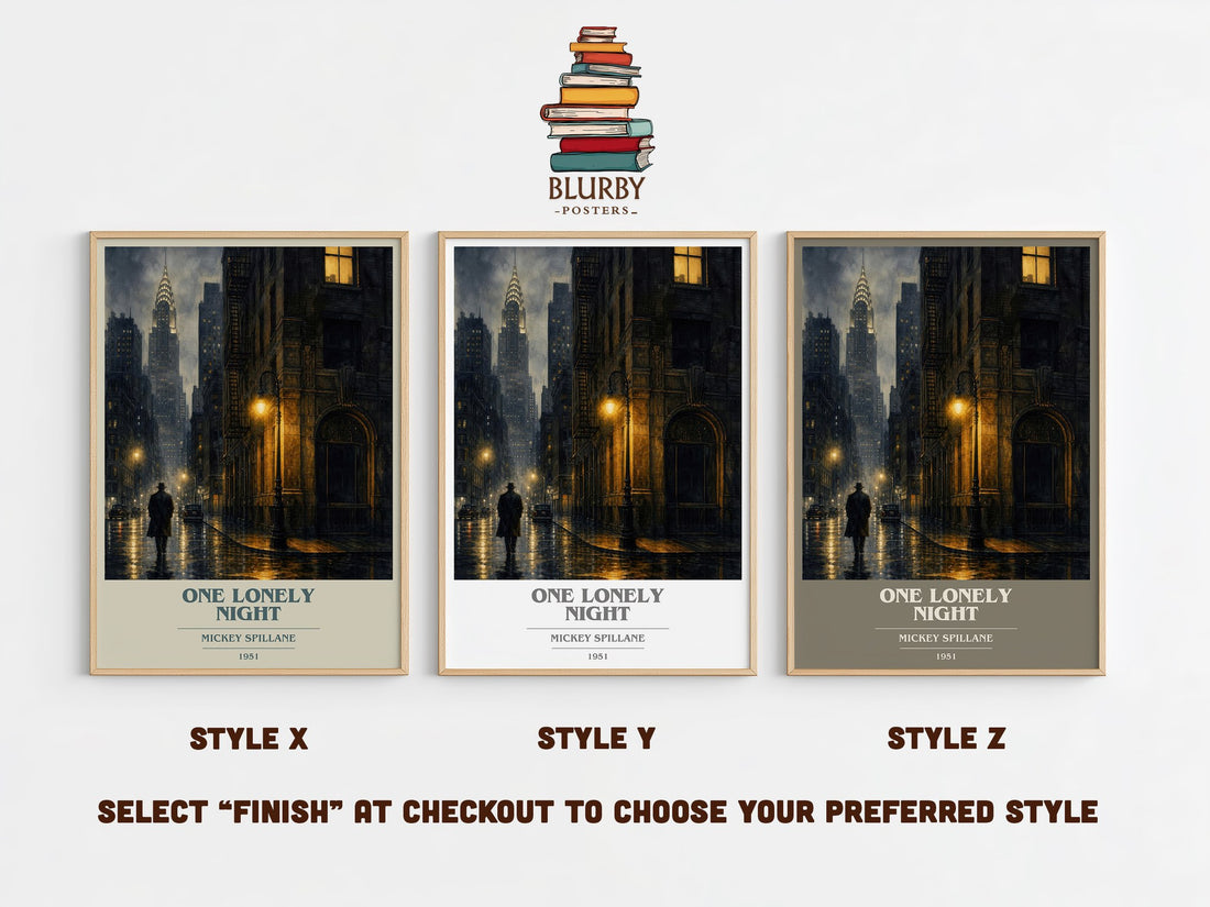 One Lonely Night book cover print in frame leaning in hallway – crime wall art (mockup)