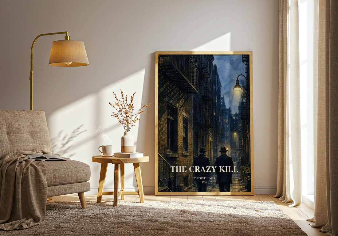 The Crazy Kill watercolour print in frame leaning in hallway – crime wall art (mockup)