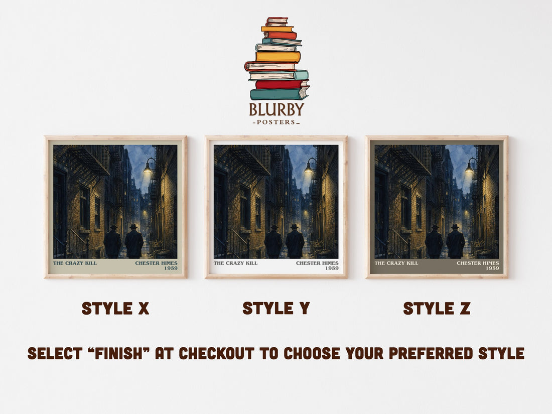 The Crazy Kill literary print in frame leaning in hallway – crime wall art (mockup)