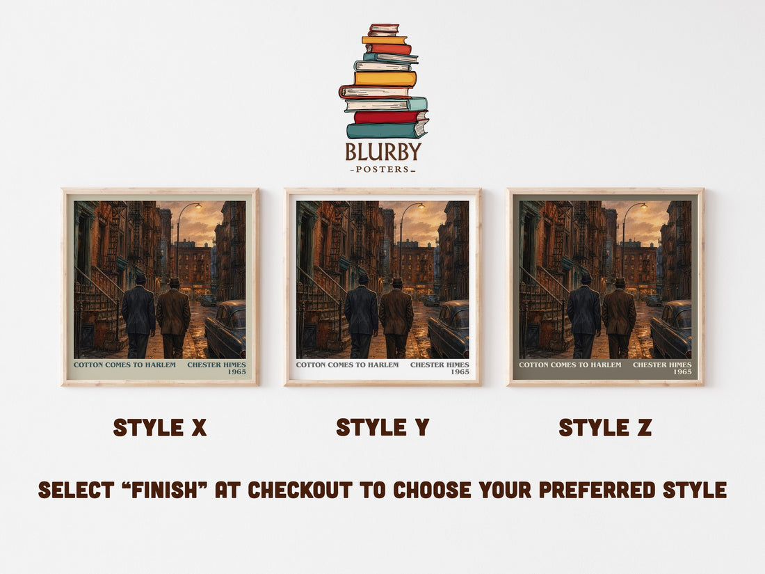 Cotton Comes to Harlem literary print in frame leaning in hallway – crime wall art (mockup)