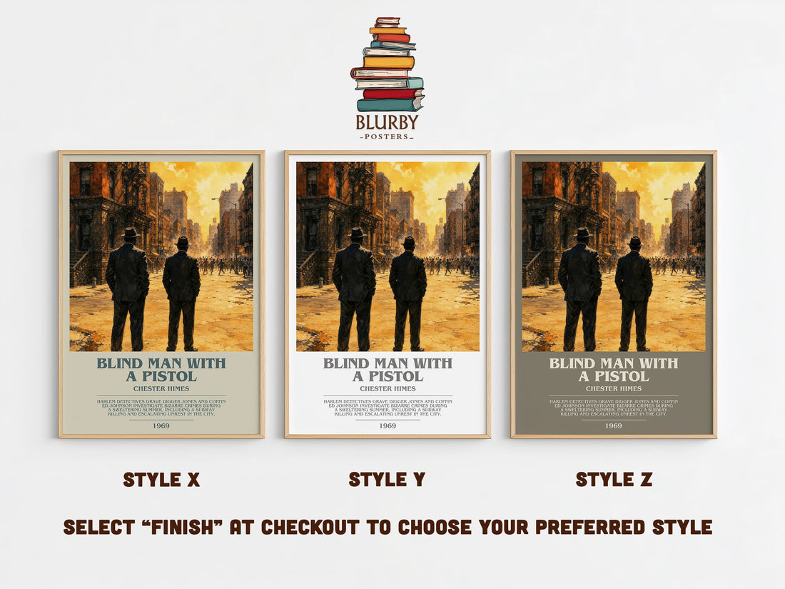 Blind Man with a Pistol bookish print in frame leaning in hallway – crime wall art (mockup)