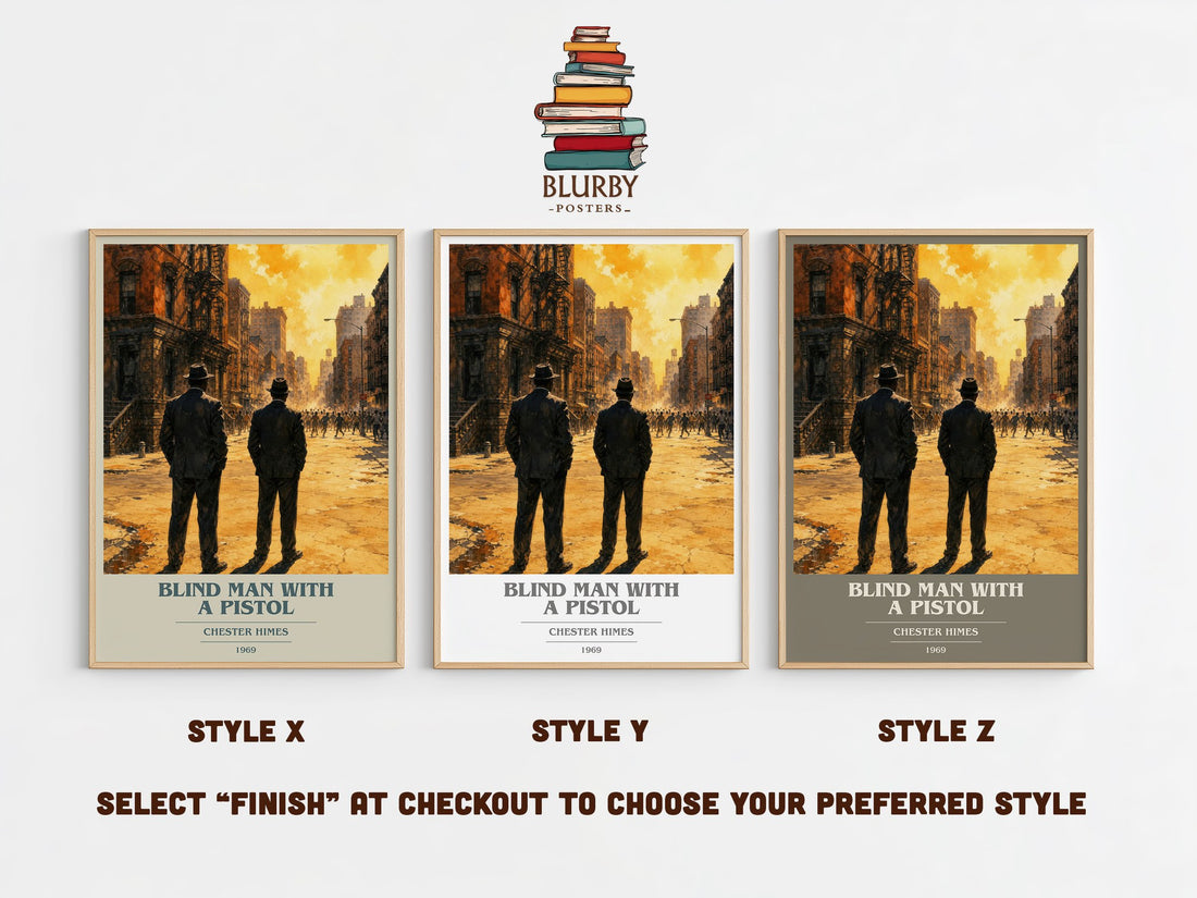 Blind Man with a Pistol book cover print in frame leaning in hallway – crime wall art (mockup)