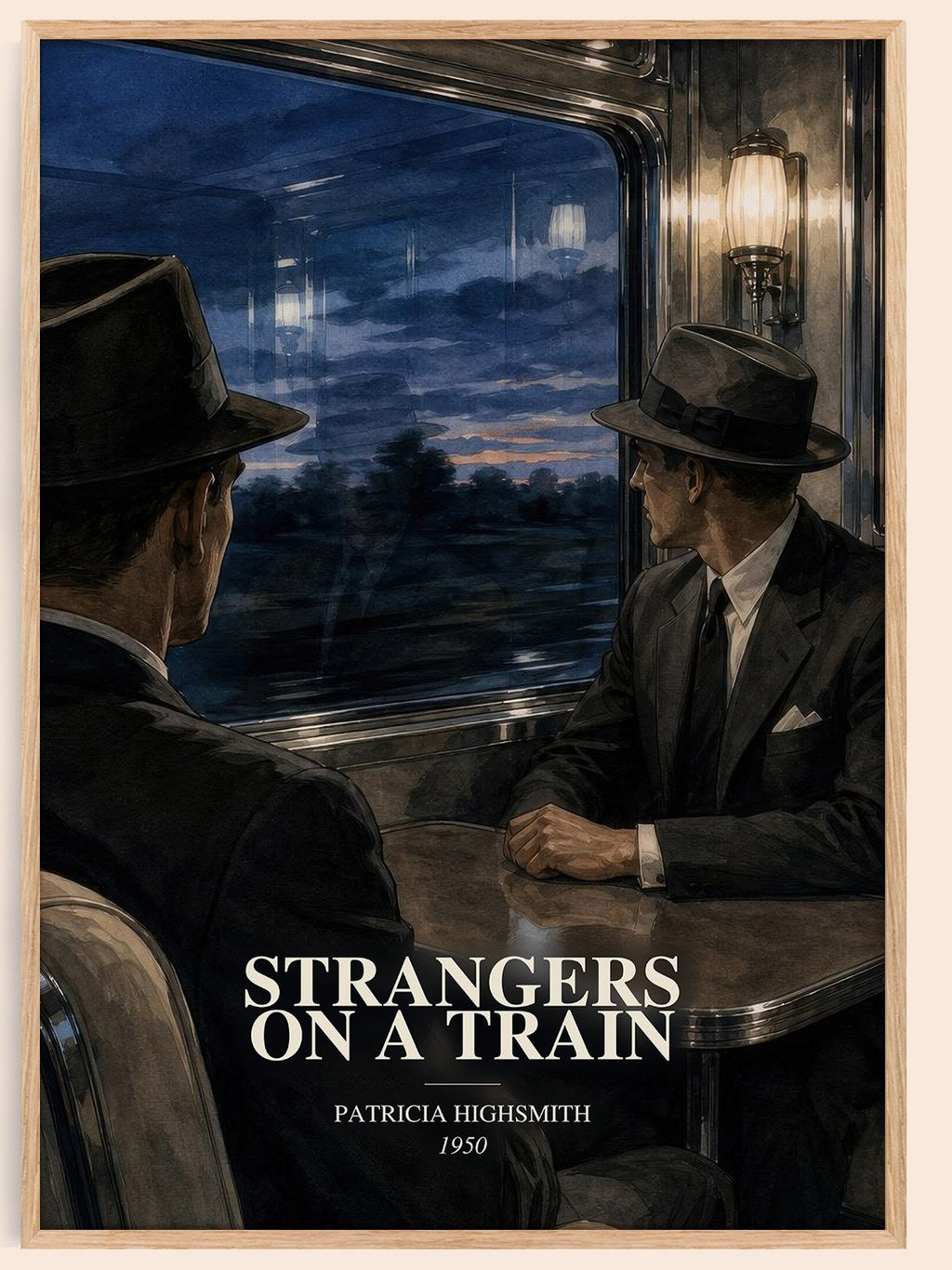 Strangers on a Train watercolour book poster by Patricia Highsmith – framed literary art print