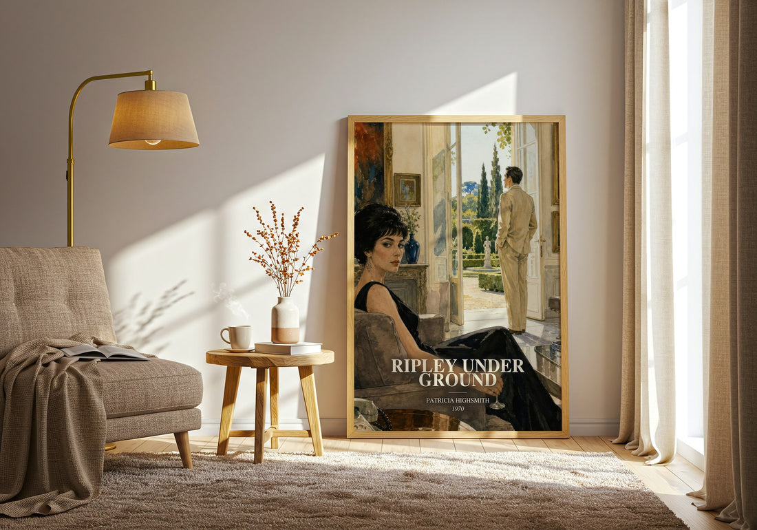 Ripley Under Ground watercolour print in frame leaning in hallway – crime wall art (mockup)