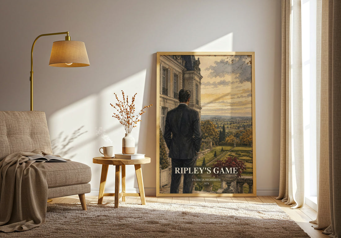 Ripley's Game watercolour print in frame leaning in hallway – crime wall art (mockup)