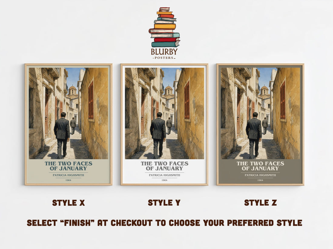 The Two Faces of January book cover print in frame leaning in hallway – thriller wall art (mockup)