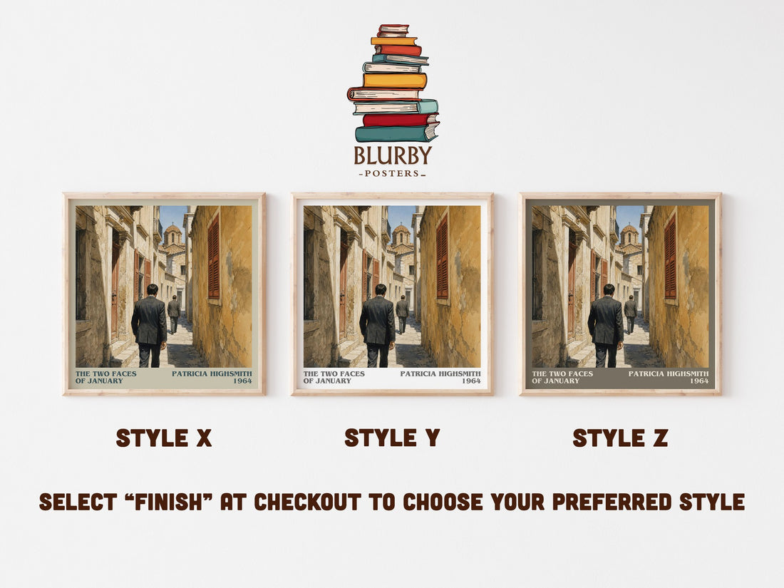 The Two Faces of January literary print in frame leaning in hallway – thriller wall art (mockup)