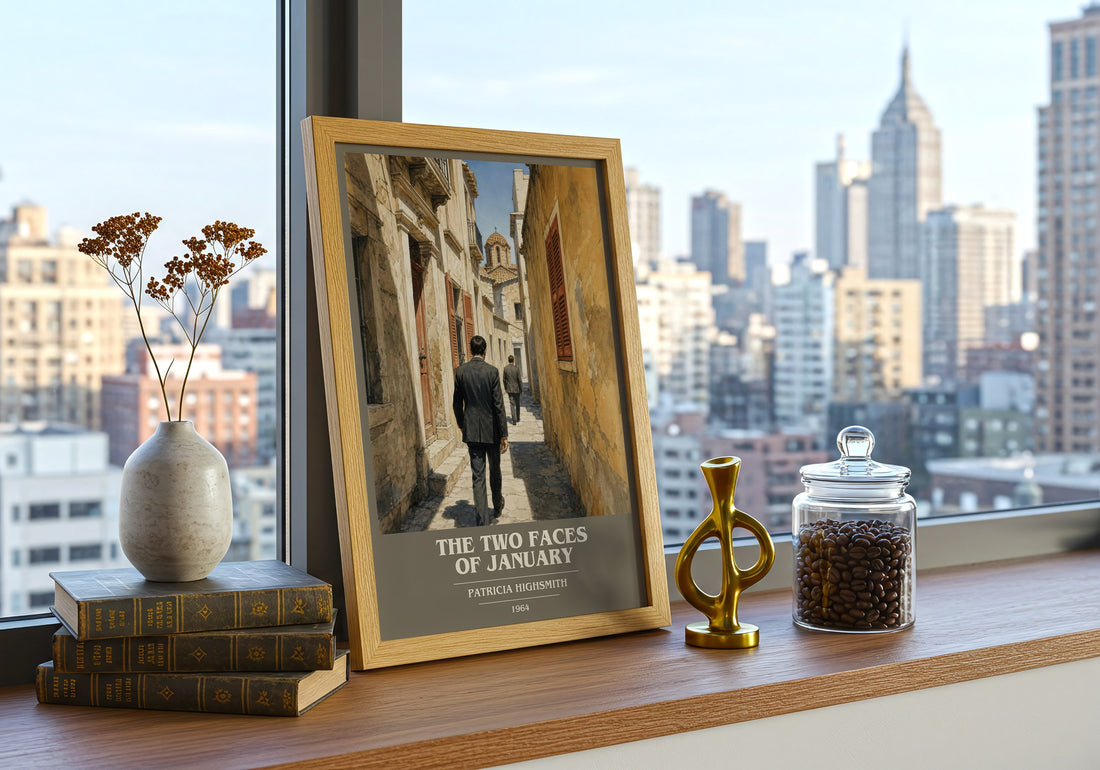 The Two Faces of January book cover print framed by window – literary home decor