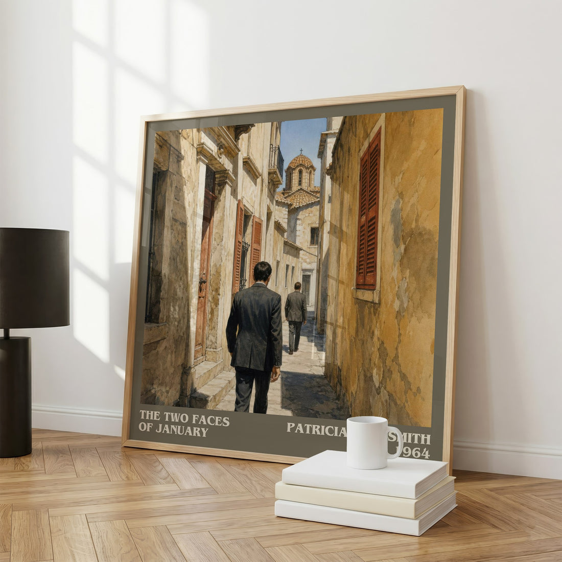 The Two Faces of January literary print framed by window – literary home decor