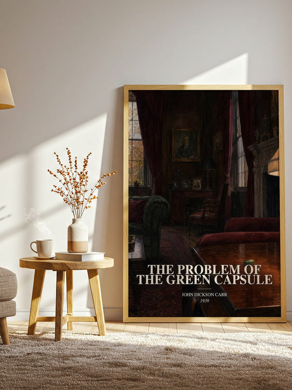The Problem of the Green Capsule watercolour print in frame leaning in hallway – mystery wall art