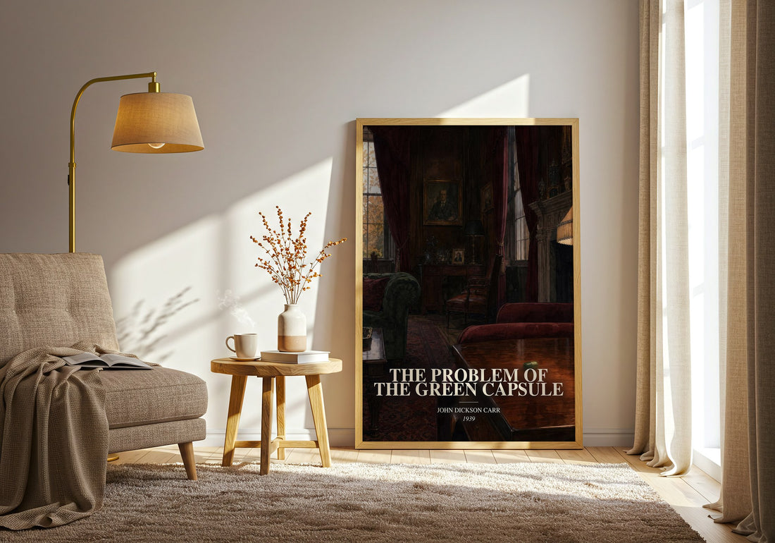 The Problem of the Green Capsule watercolour print in frame leaning in hallway – mystery wall art (mockup)