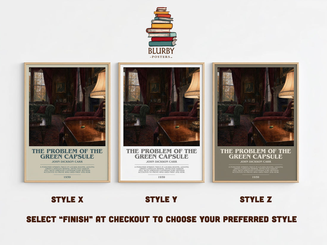 The Problem of the Green Capsule bookish print in frame leaning in hallway – mystery wall art (mockup)
