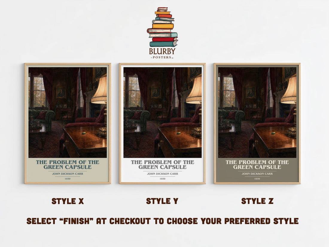 The Problem of the Green Capsule book cover print in frame leaning in hallway – mystery wall art (mockup)