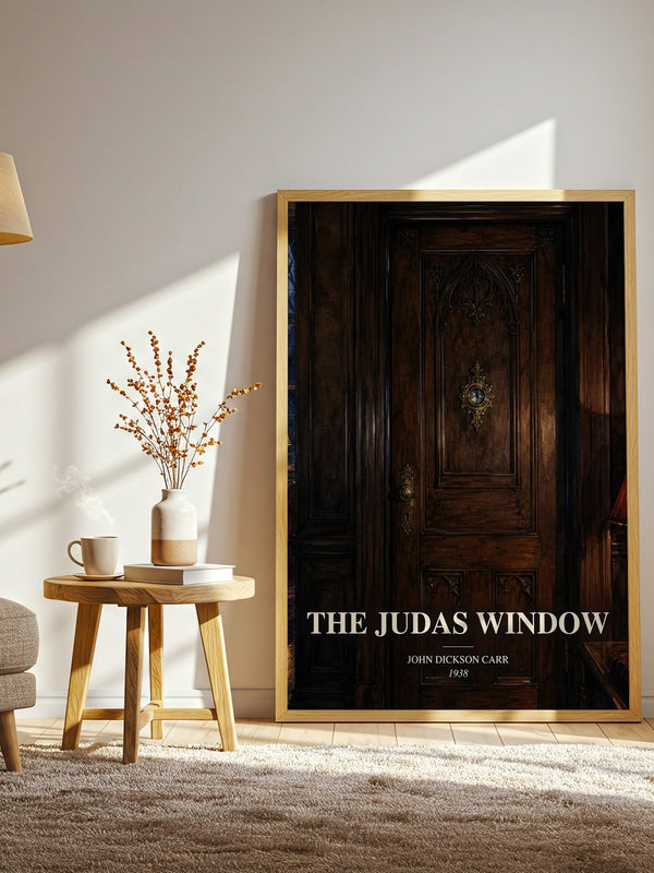 The Judas Window watercolour print in frame leaning in hallway – mystery wall art