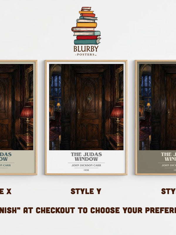 The Judas Window book cover print in frame leaning in hallway – mystery wall art