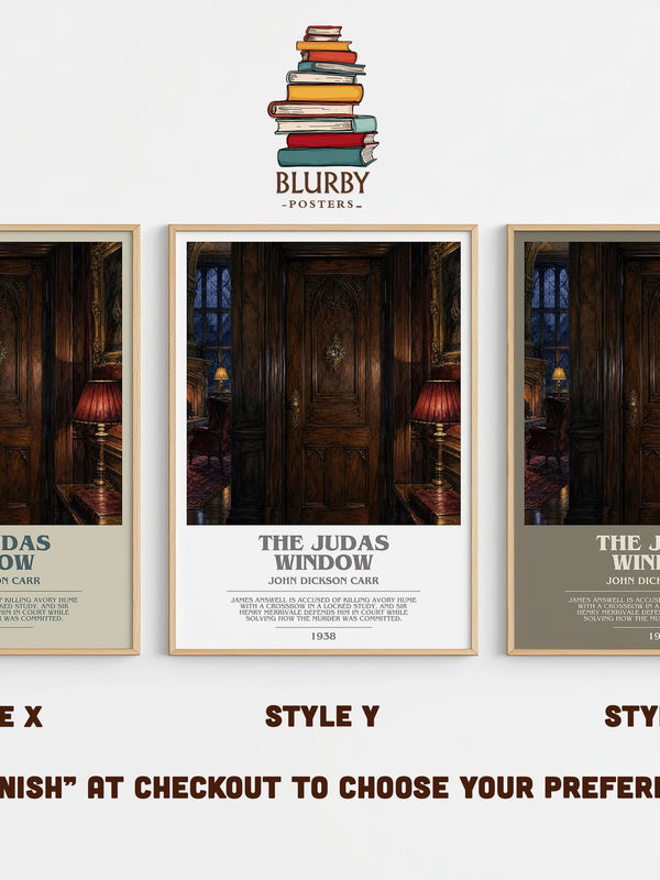 The Judas Window bookish print in frame leaning in hallway – mystery wall art