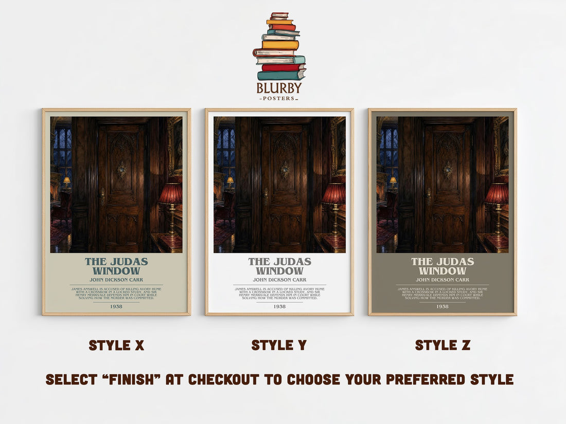 The Judas Window bookish print in frame leaning in hallway – mystery wall art (mockup)