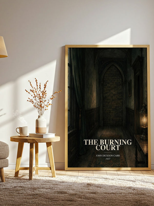The Burning Court watercolour print in frame leaning in hallway – mystery wall art