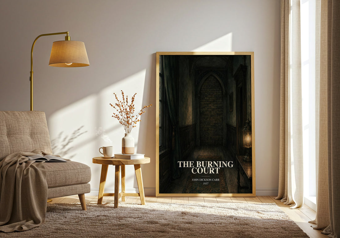 The Burning Court watercolour print in frame leaning in hallway – mystery wall art (mockup)