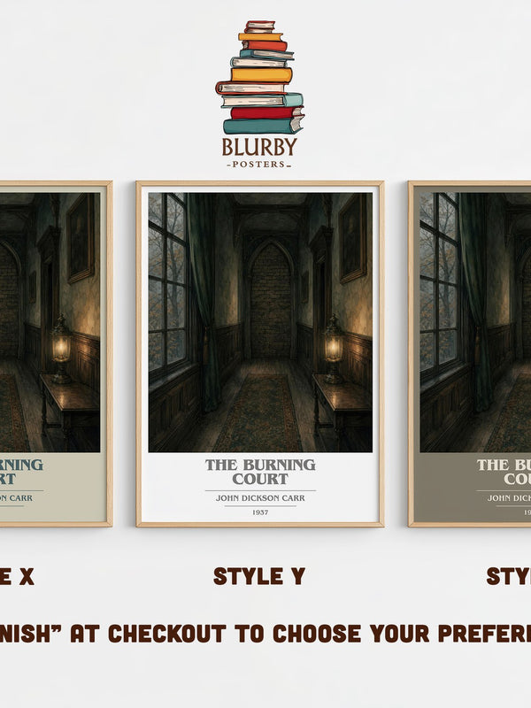 The Burning Court book cover print in frame leaning in hallway – mystery wall art