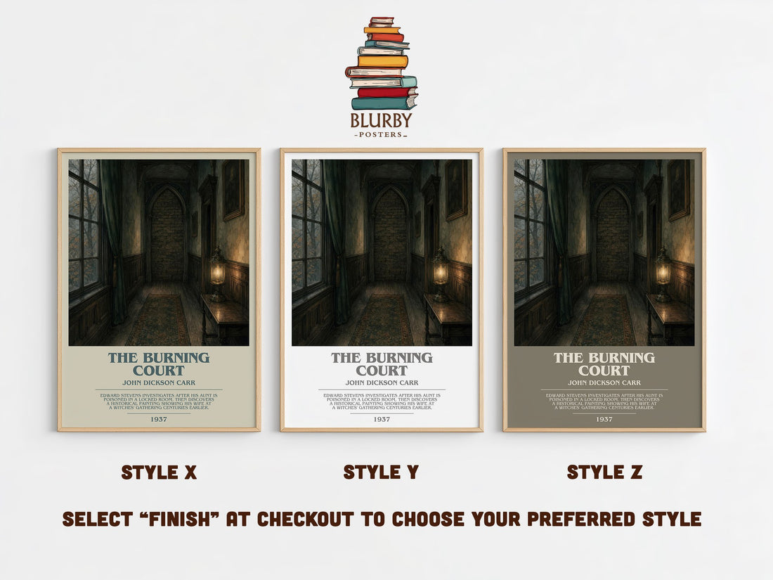 The Burning Court bookish print in frame leaning in hallway – mystery wall art (mockup)