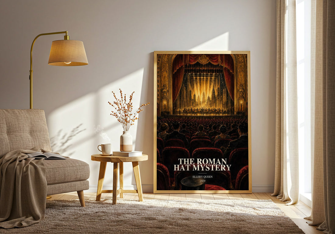 The Roman Hat Mystery watercolour print in frame leaning in hallway – mystery wall art (mockup)