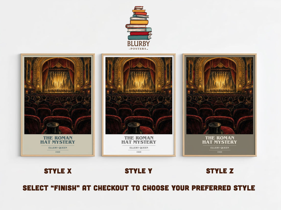 The Roman Hat Mystery book cover print in frame leaning in hallway – mystery wall art (mockup)