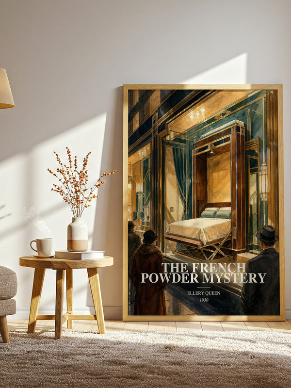 The French Powder Mystery watercolour print in frame leaning in hallway – mystery wall art