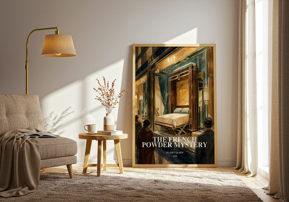 The French Powder Mystery watercolour print in frame leaning in hallway – mystery wall art (mockup)