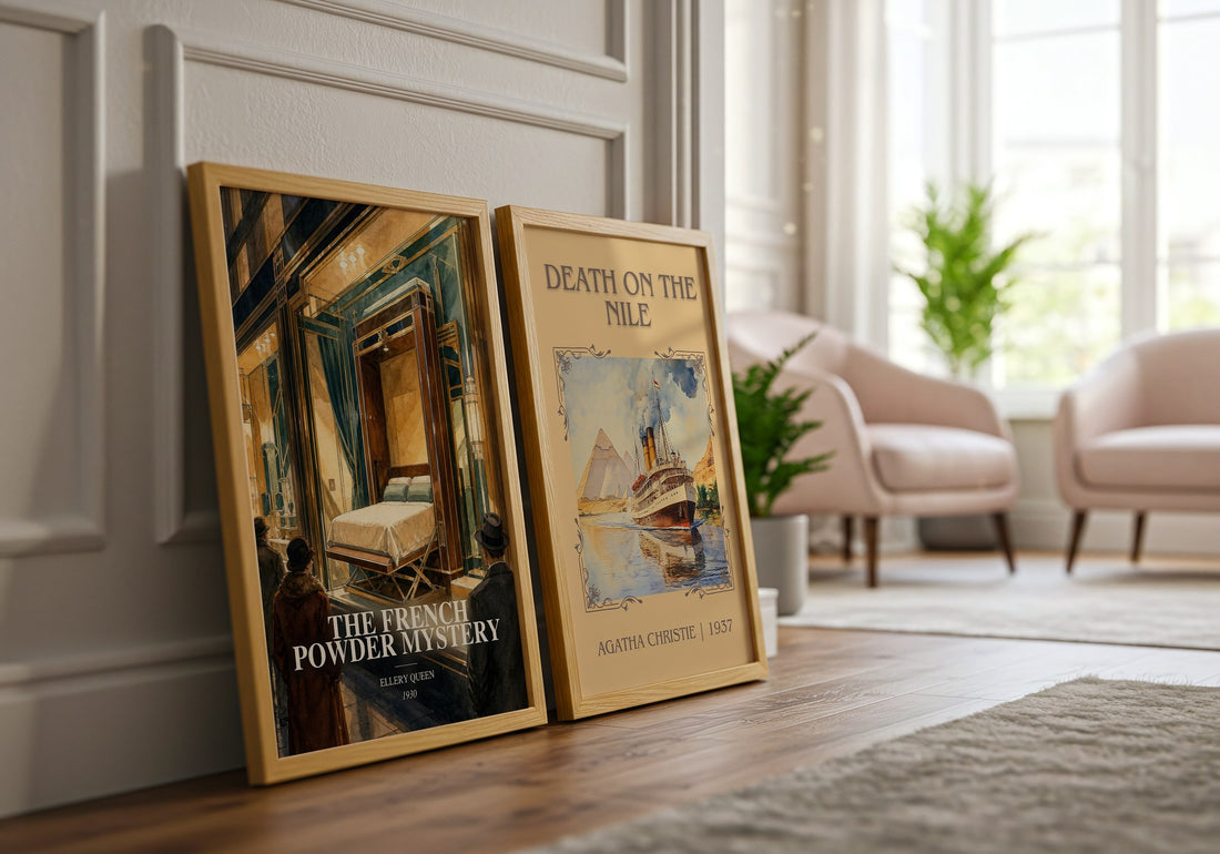 The French Powder Mystery watercolour print framed by window – literary home decor
