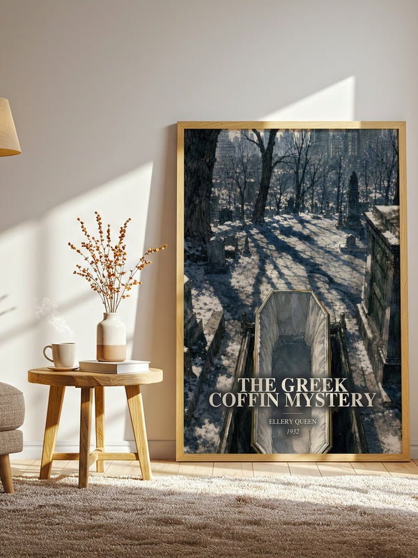 The Greek Coffin Mystery watercolour print in frame leaning in hallway – mystery wall art