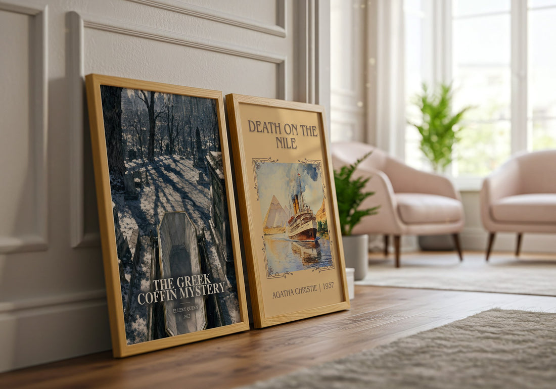 The Greek Coffin Mystery watercolour print framed by window – literary home decor