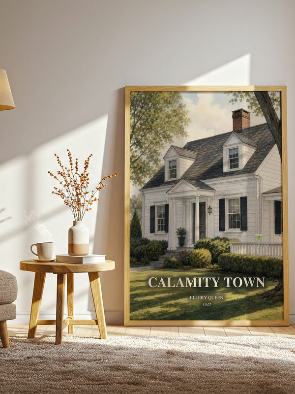 Calamity Town watercolour print in frame leaning in hallway – mystery wall art