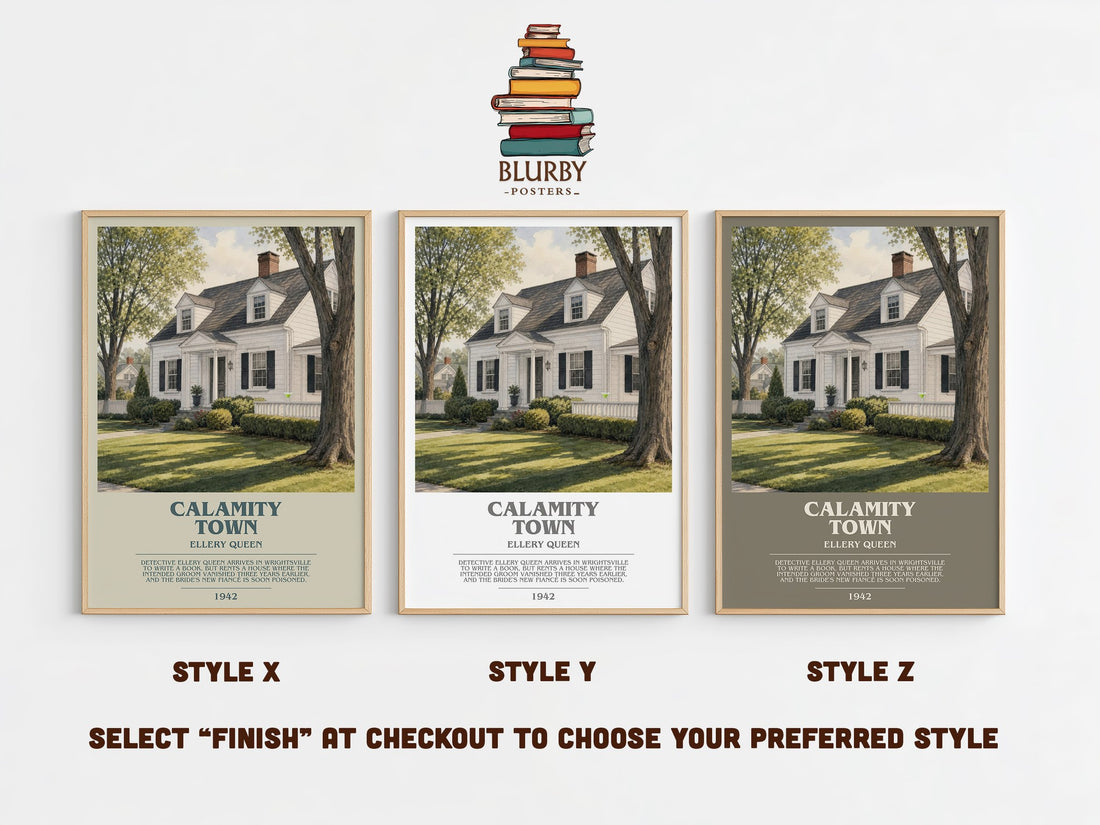 Calamity Town bookish print in frame leaning in hallway – mystery wall art (mockup)