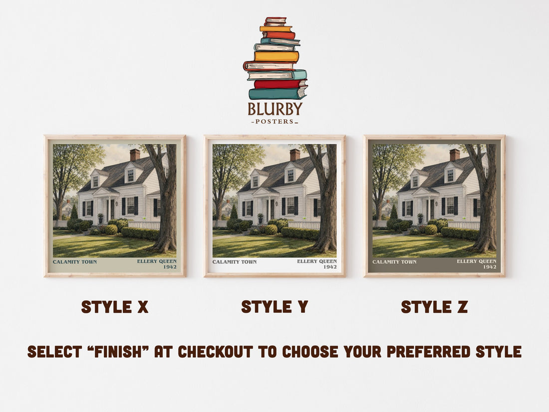 Calamity Town literary print in frame leaning in hallway – mystery wall art (mockup)