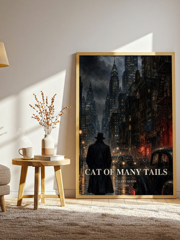 Cat of Many Tails watercolour print in frame leaning in hallway – mystery wall art