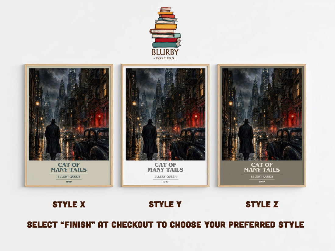 Cat of Many Tails book cover print in frame leaning in hallway – mystery wall art (mockup)