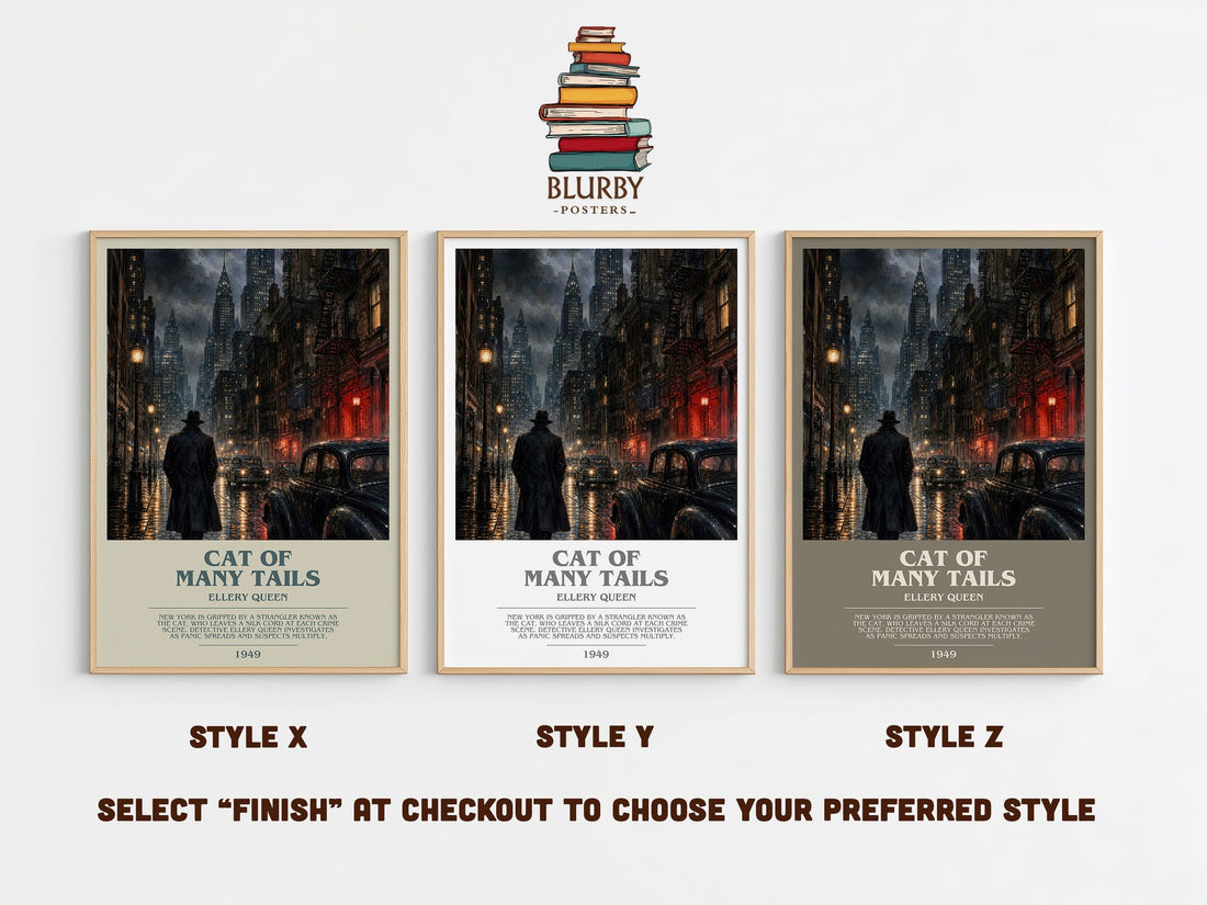 Cat of Many Tails bookish print in frame leaning in hallway – mystery wall art (mockup)