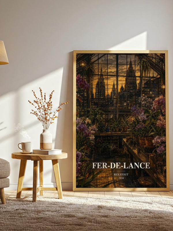 Fer-de-Lance watercolour print in frame leaning in hallway – mystery wall art