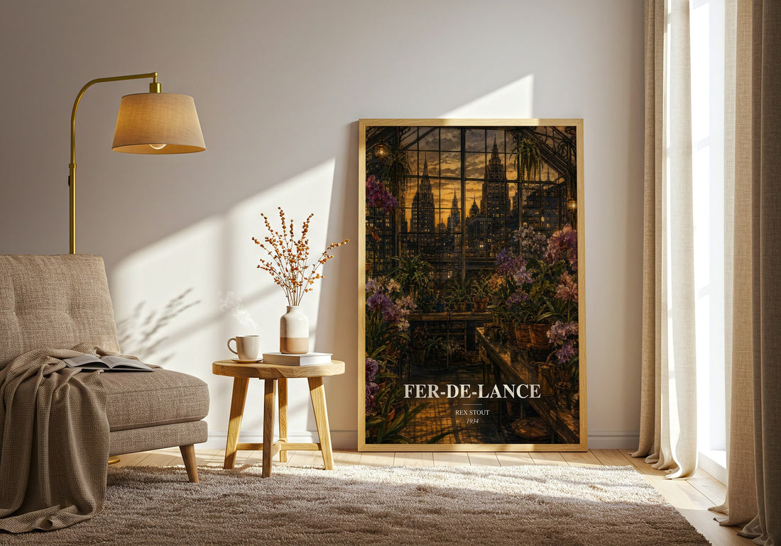 Fer-de-Lance watercolour print in frame leaning in hallway – mystery wall art (mockup)