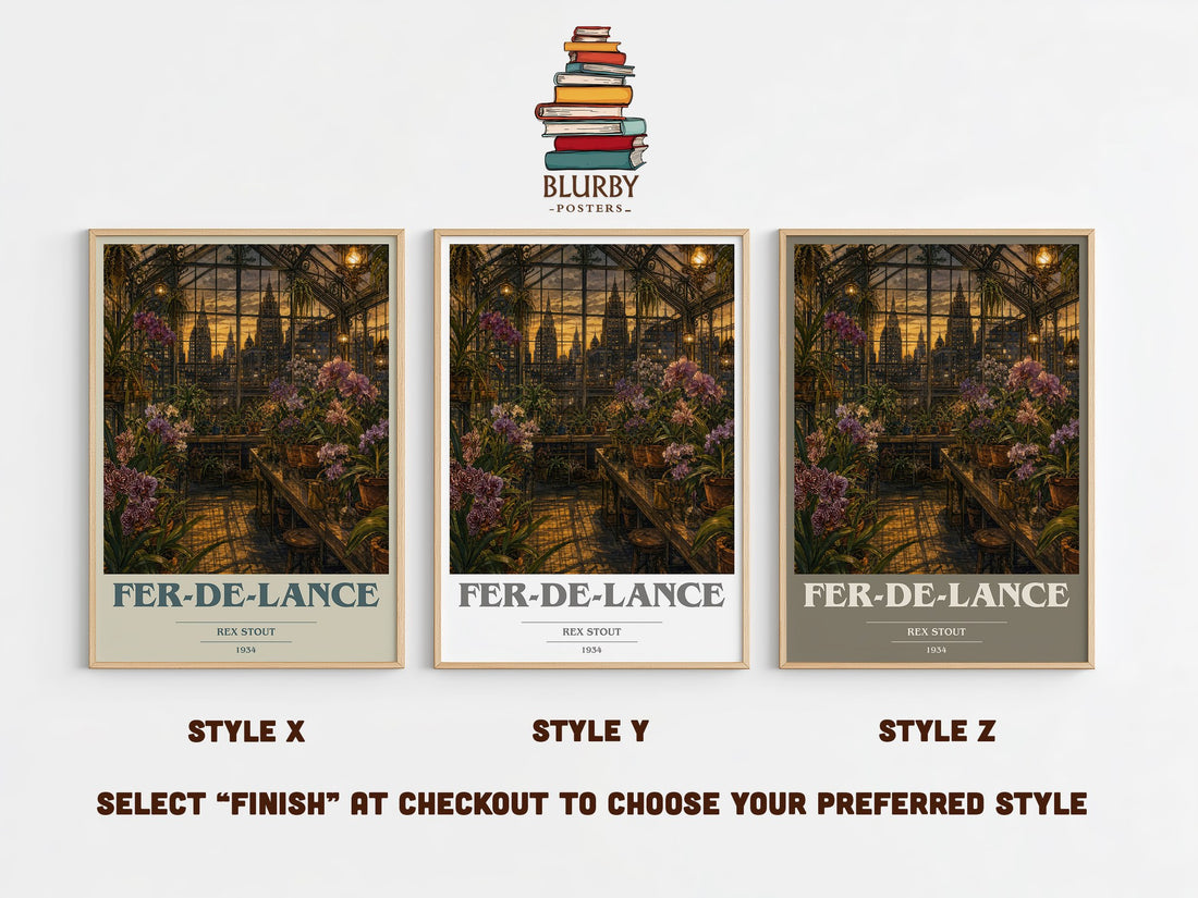 Fer-de-Lance book cover print in frame leaning in hallway – mystery wall art (mockup)